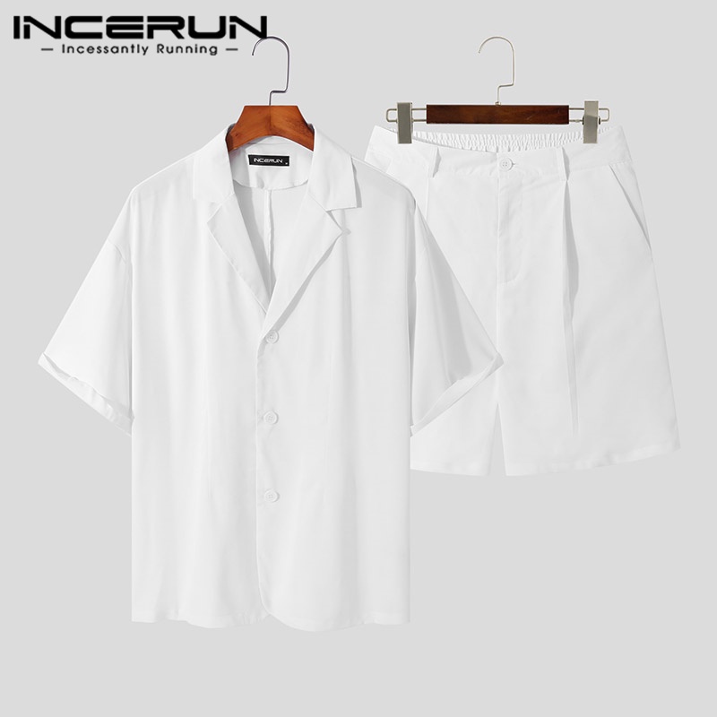 Set đồ INCERUN gồm áo khoác blazer ngắn tay + quần short dáng rộng thời trang cho nam
