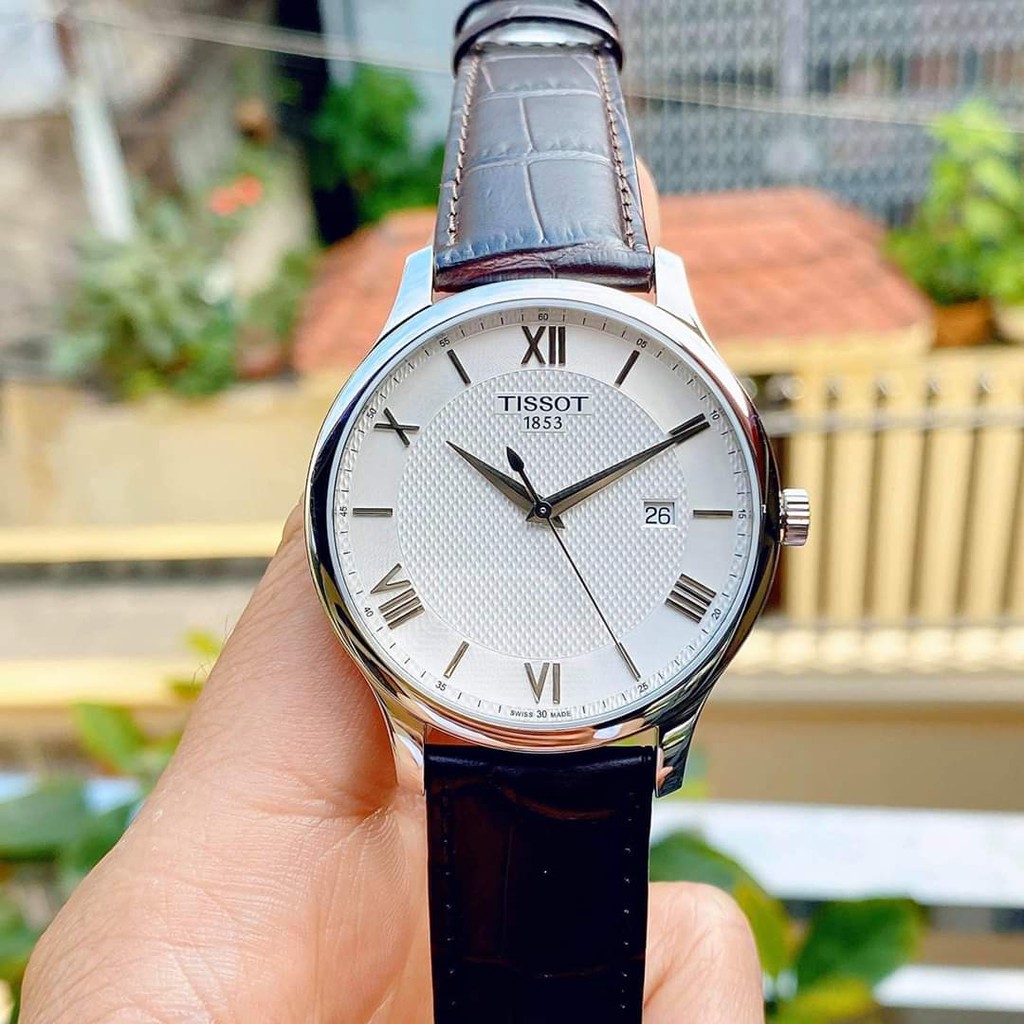 Đồng hồ Nam Tissot 1853 Tradition T063.610.16.038.00 Mặt trắng,Lịch ngày-Máy Pin Quartz-Dây da nâu-Size 42mm