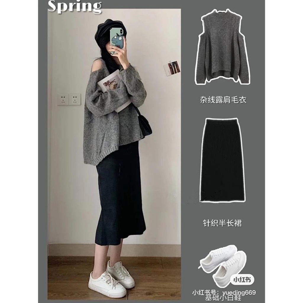 Plus Set Áo Sweater Trễ Vai + Chân Váy Phong Cách Retro Thời Trang Mùa Thu 2022 Cho Nữ Có Size Lớn