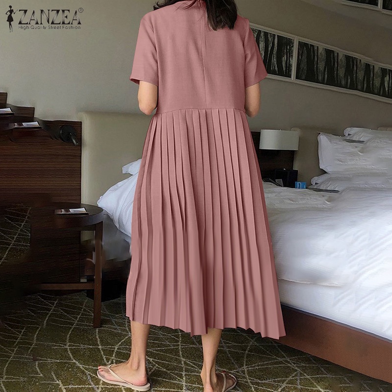 Đầm maxi ZANZEA màu trơn xếp ly cổ tròn tay áo một nửa phong cách retro cho nữ