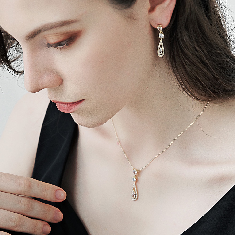 🌈Vòng cổ thời trang cá tính💕Bộ dây chuyền + bông tai hình giọt nước đính đá zircon cao cấp