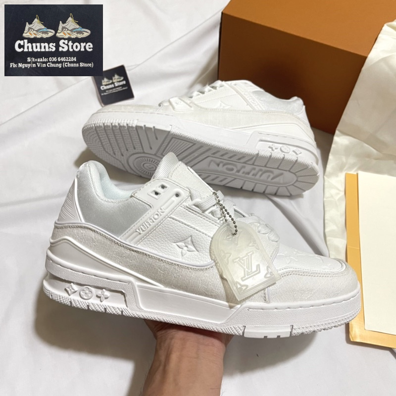 Giày LV trắng full da nhăn cao cấp, giày louis vuiton trắng sc 1:1 mới full box bảo vệ