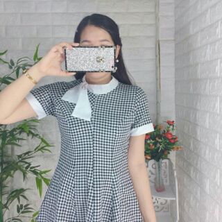Đầm caro nơ cổ