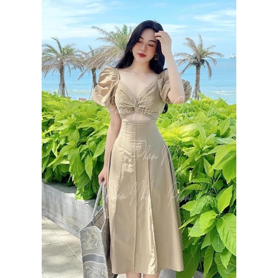Váy Thô Xoắn Eo Tay Phồng Dáng Dài Siêu Xinh, Váy Maxi Dáng Xoè