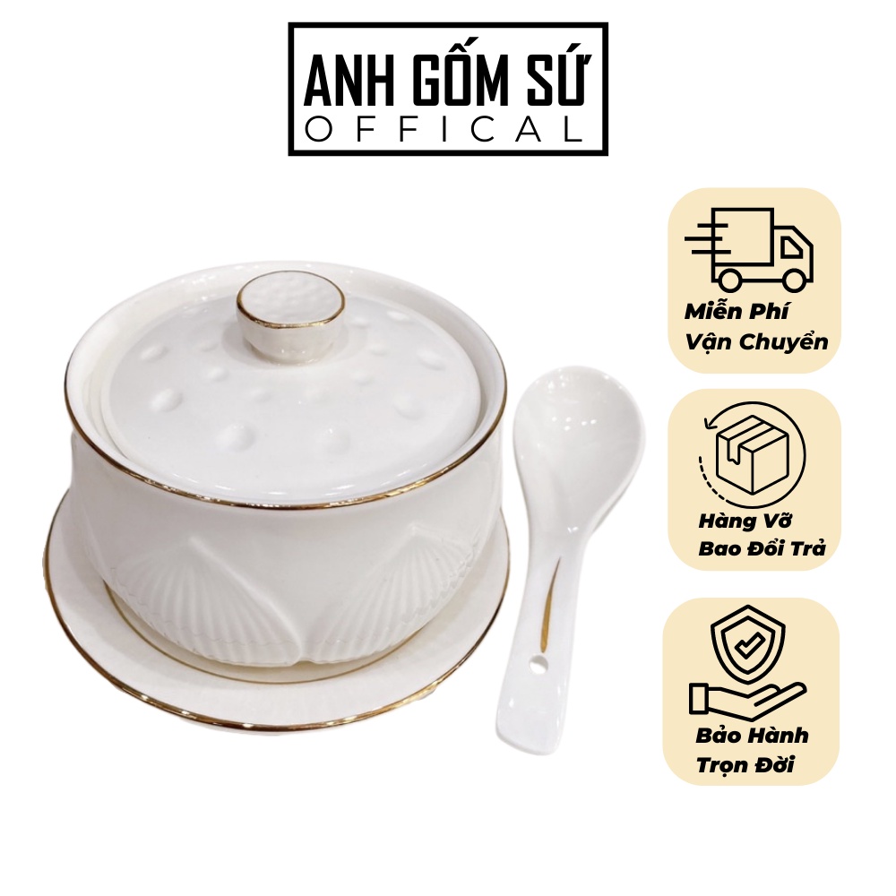 Bát có nắp dáng đài sen trắng, chén yến vẽ vàng kim siêu đẹp (kèm thìa và đĩa lót)