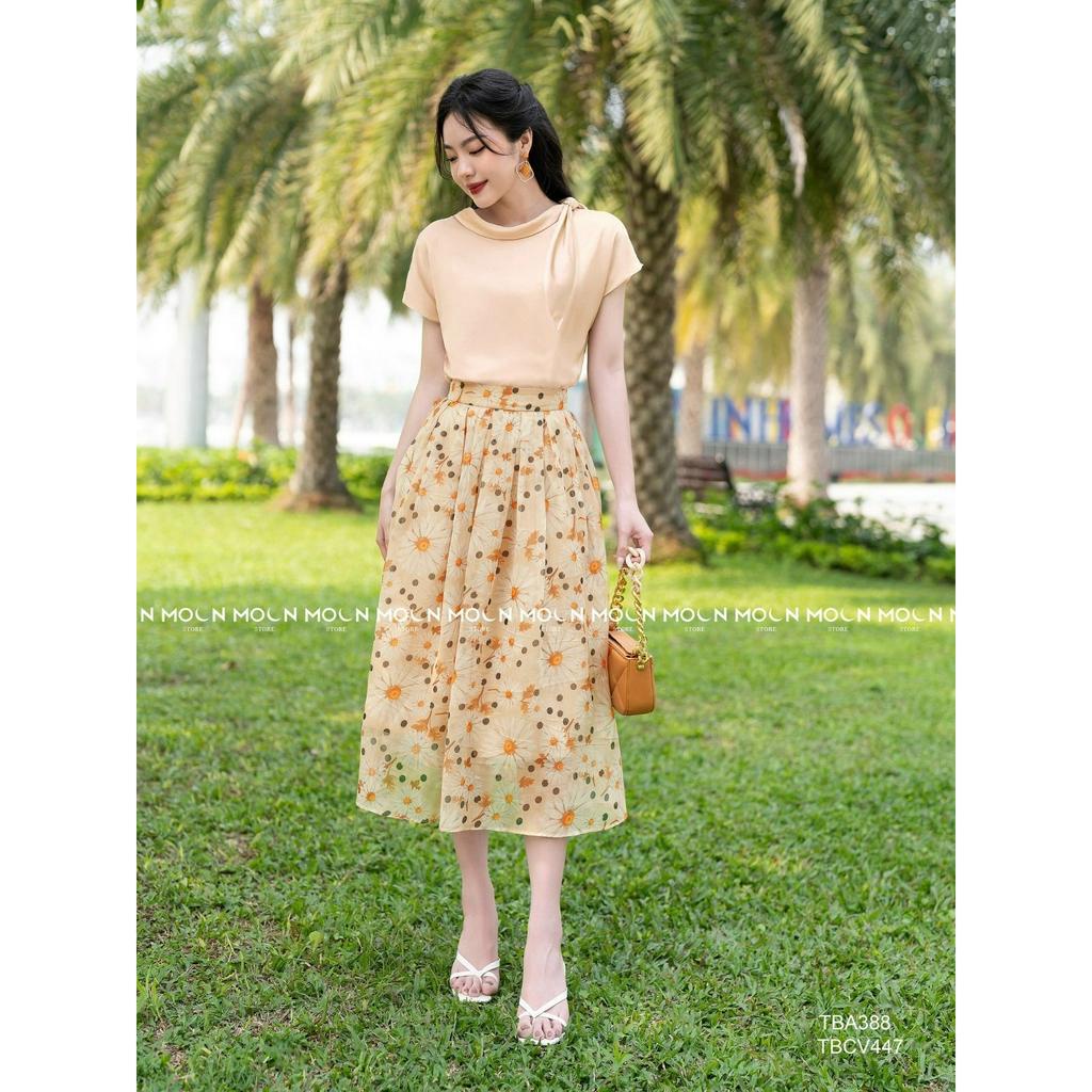 Váy hoa áo lụa công sở đi biển 𝐌𝐎𝐎𝐍 bán lẻ , áo lụa satin chân váy tơ họa tiết lót lụa sang chảnh TBA388-TBCV447