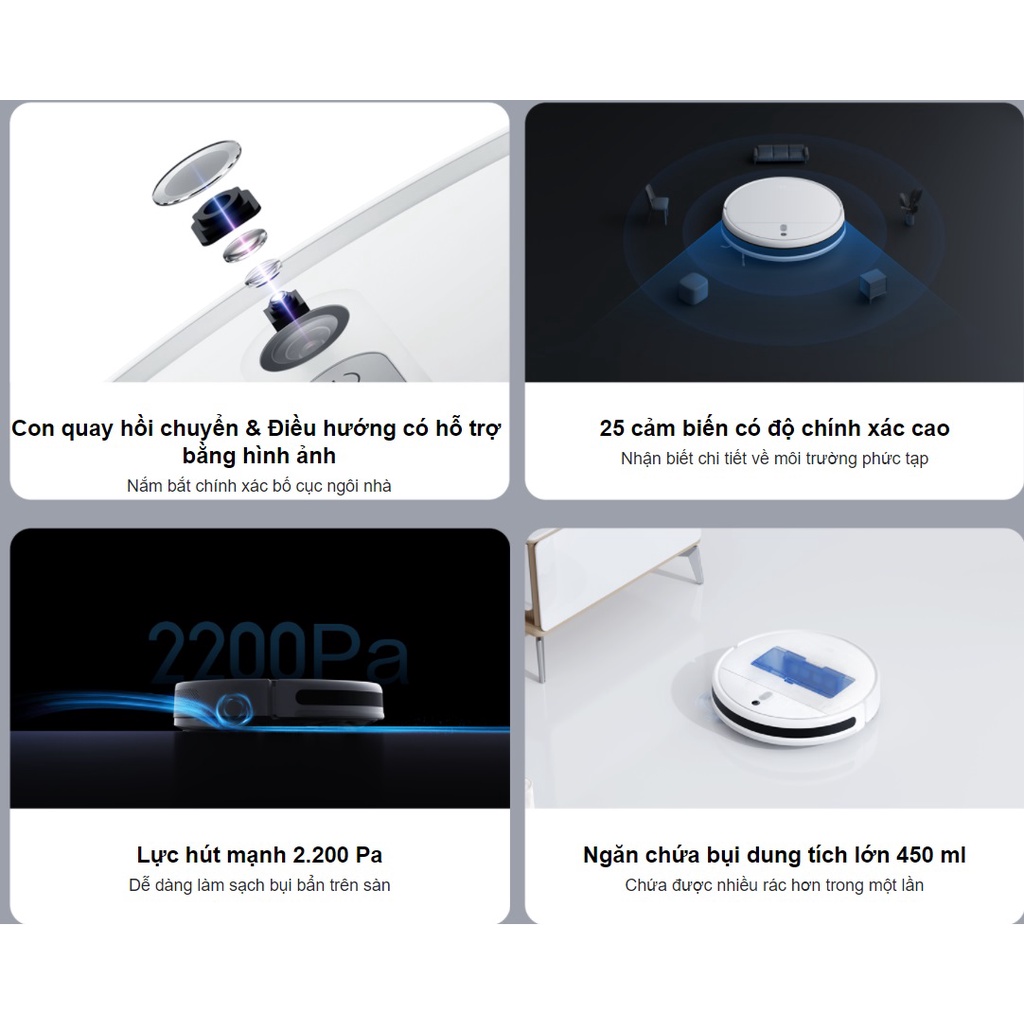 Robot hút bụi Xiaomi Mi Robot Vacuum-Mop 2 Lite , 25 cảm biến có độ chính xác cao, Lực hút 2.200 Pa,dung tích lớn 450 ml