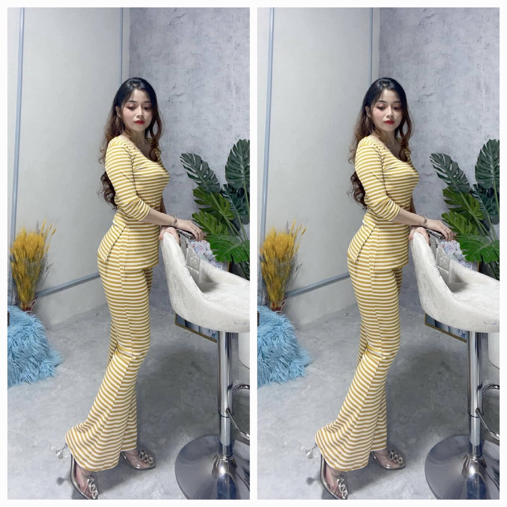 Đồ bộ nữ, set đồ bộ quần ống loe đai cao siêu cao, áo ôm dài tay xẻ tà vải thun cotton gân borip dầy dặn co giản