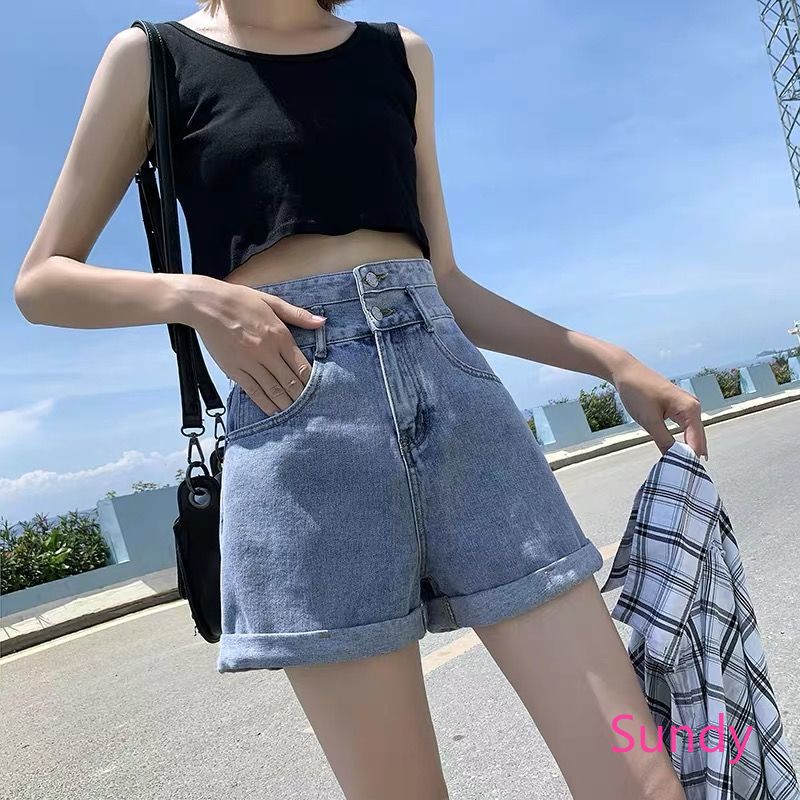Quần Ngắn Vải Denim Lưng Cao Ống Rộng Thời Trang Dành Cho Nữ