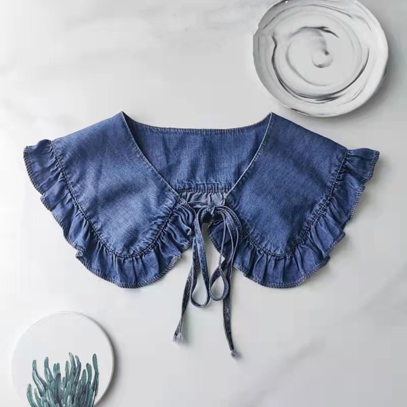 Khăn Choàng Cổ Giả Vải Denim Phối Bèo Cột Dây Phong Cách Vintage Cho Nữ