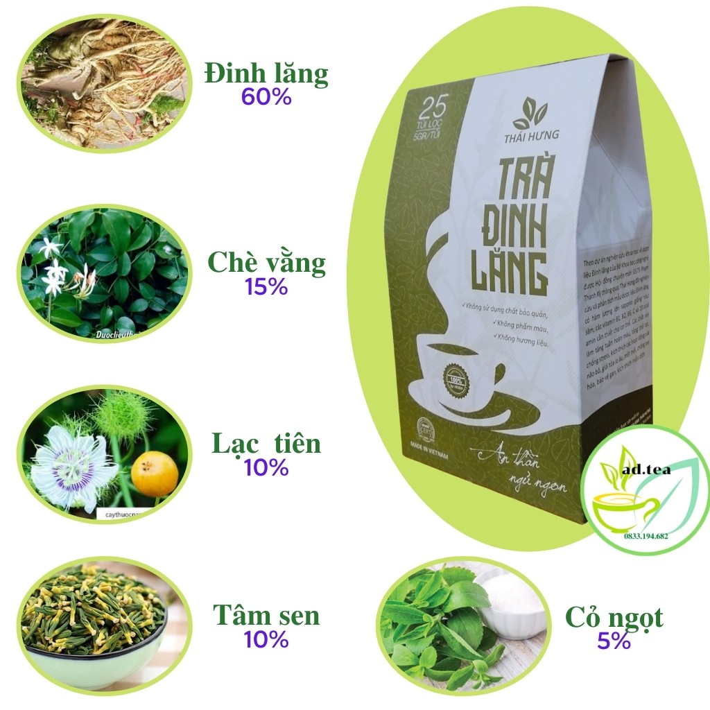 TRÀ - Đinh Lăng Thái Hưng - An Thần, Ngủ Ngon, Giảm Stress, Rối Loạn Tiền Đình - 25 túi lọc 125gr / ad.tea