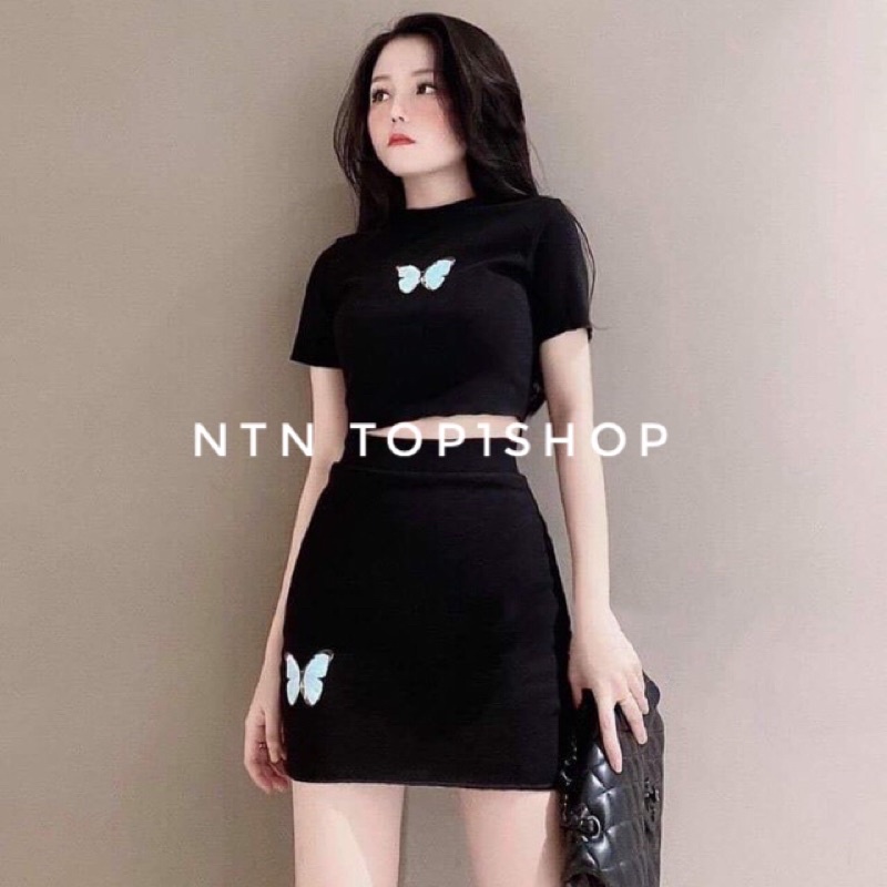 SET Áo Croptop + Chân Váy (thêu bướm) aL