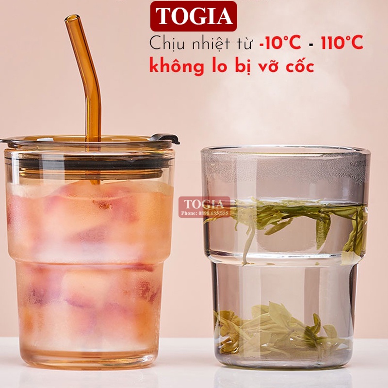 Cốc Thủy Tinh - Ly Coffe, Ly Trà Màu Hổ Phách Bọc Da Chịu Nhiệt Có Nắp Và Tặng Kèm Ống Hút Tiện Lợi 450ml TOGIA