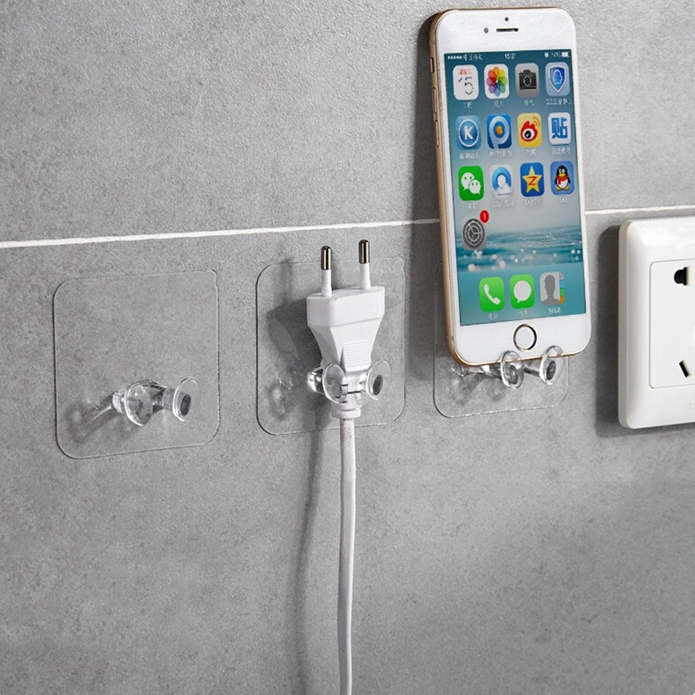 Ready Stock Transparent Strong Hook Wall-mounted Plug Shelf Creative Hook Kitchen Living Room Wall Paste Plug Holder