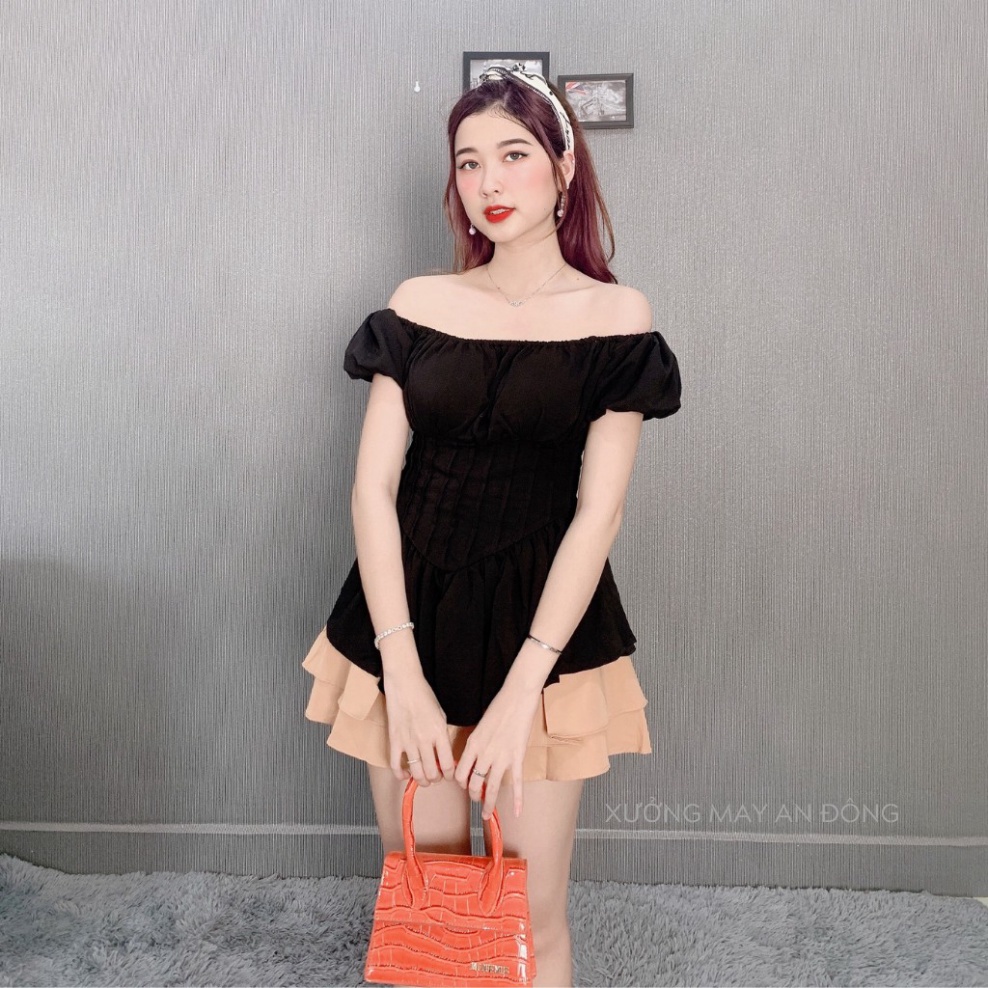 Set Áo Trễ Vai Tay Bồng Cúp Ngực Phối Chân Váy Xòe Xếp Ly 3 Tầng Màu Nu - SIÊU HOT | BigBuy360 - bigbuy360.vn
