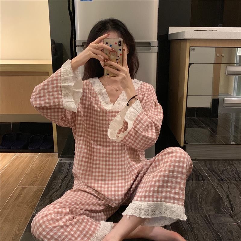 COZOK Bộ đồ ngủ tay dài kẻ sọc caro thời trang