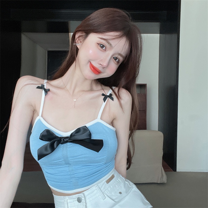 Áo Hai Dây Dáng Ngắn Phối Nơ Màu Tương Phản Thời Trang Mùa Hè Quyến Rũ