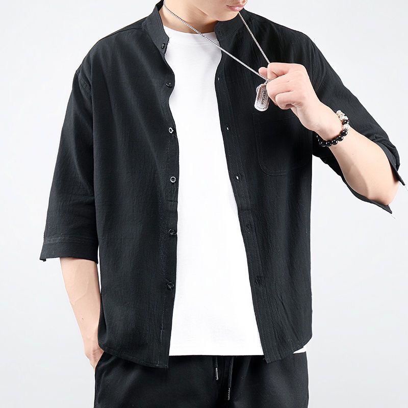 Áo Sơ Mi Vải Lanh Cotton Dáng Rộng Ngắn Tay Phong Cách Trung Hoa Thời Trang Nam