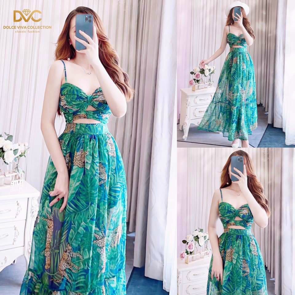 đầm voan hai dây xoắn ngực khoét eo dáng dài đẹp mê li thời trang cao cấp m432432