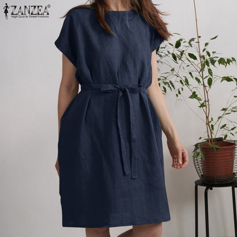 Zanzea Đầm Midi Tay Ngắn Dáng Rộng Màu Trơn Có Túi Tháo Rời Được Phong Cách Châu Âu Thời Trang