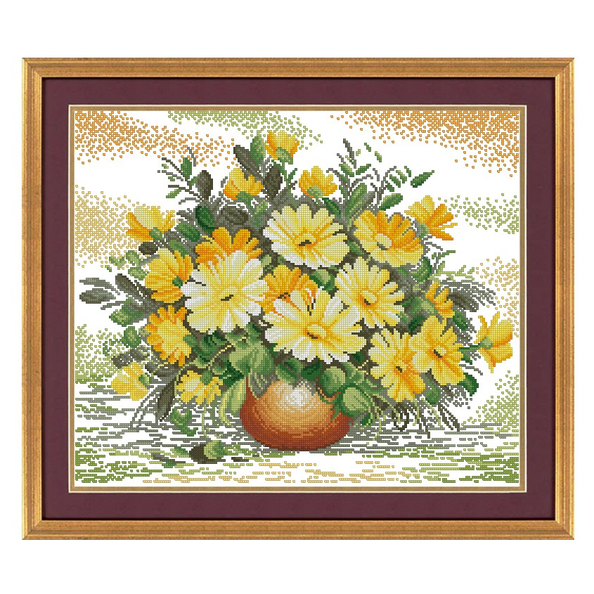 Tranh thêu chữ thập bình hoa cúc in trên vải – Xartshop hc006