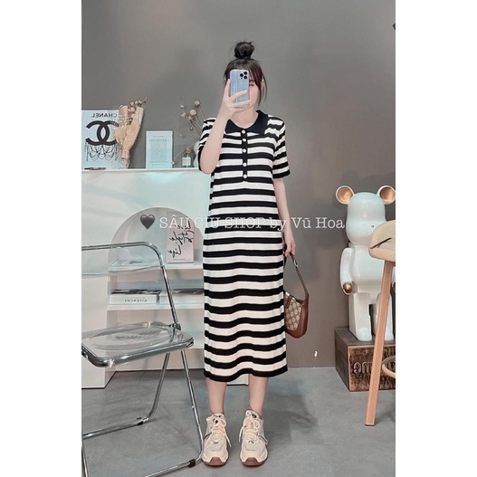 Đầm Len Kẻ Ngang Cổ Bẻ Dáng Dài Siêu Hot