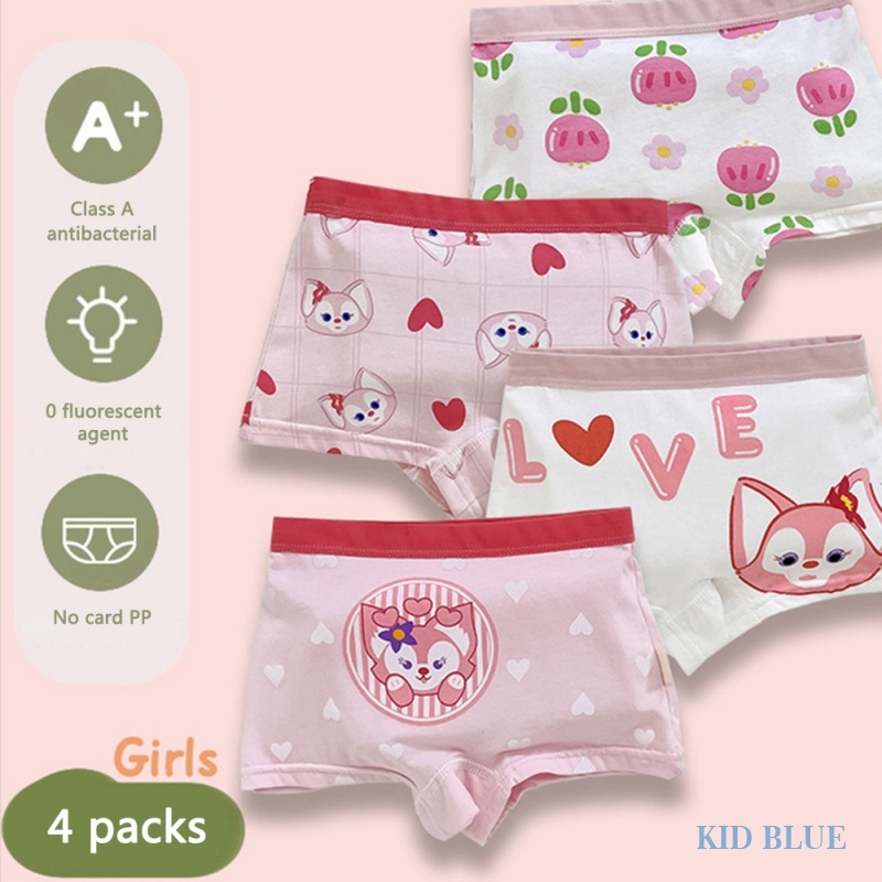 Bộ 4 Quần Lót Boxer Vải Cotton Kháng Khuẩn In Hoạt Hình Dễ Thương Cho Bé Gái