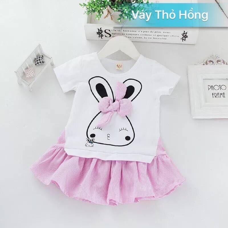 Sét áo váy in hình thỏ trắng phối nơ siêu xinh cho bé gái, chất liệu cotton thoáng mát