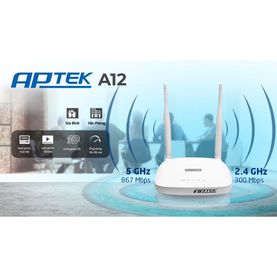 Wifi Router APTEK A12 Băng Tần 5Ghz Chuẩn AC1200/ 867Mbps -Thay Thế A112E - Phát Sóng Cực Mạnh.