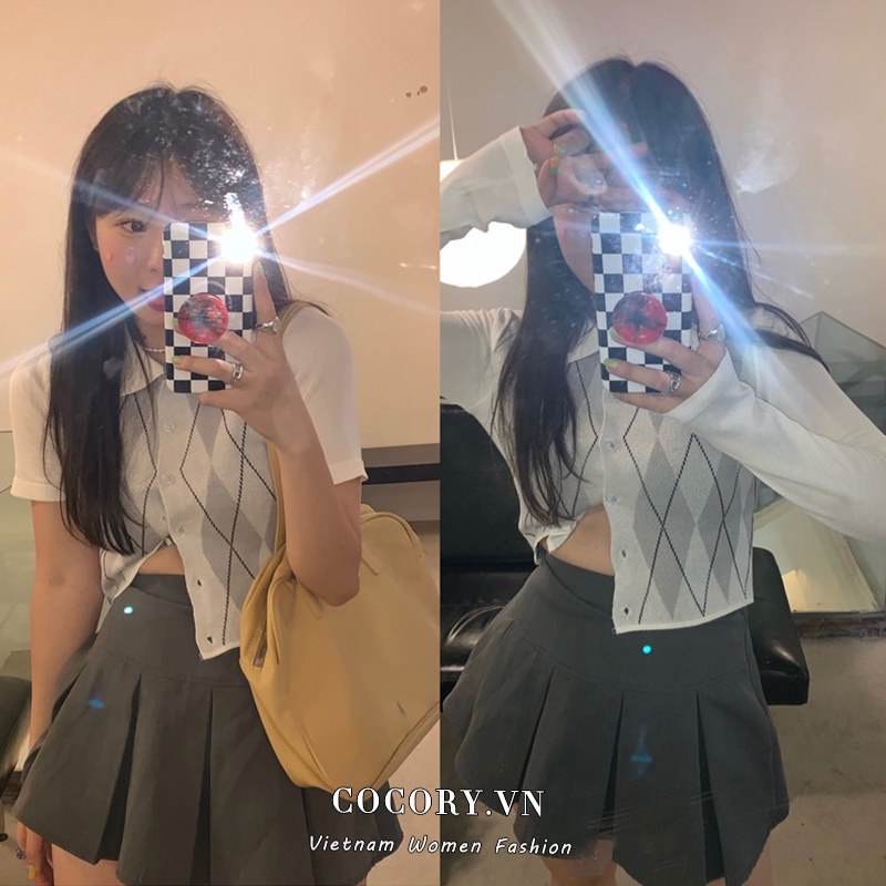 Cocory vn Áo Croptop Ngắn Tay Họa Tiết Sọc Caro Thời Trang Cho Nữ
