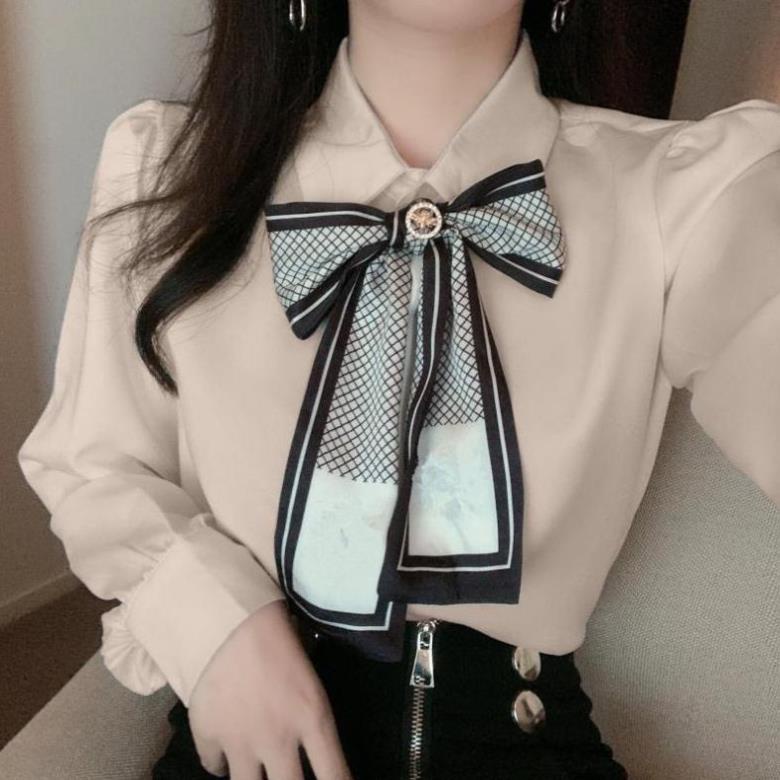 Áo sơ mi nữ form rộng ống tay bo cổ phối nơ phong cách thời trang cá tính Hàn Quốc