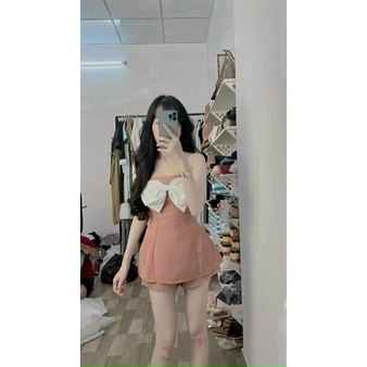 Set đồ nữ đi chơi 2 món với quần short lưng cao kèm áo kiểu nữ 2 dây phối nơ cực đẹp