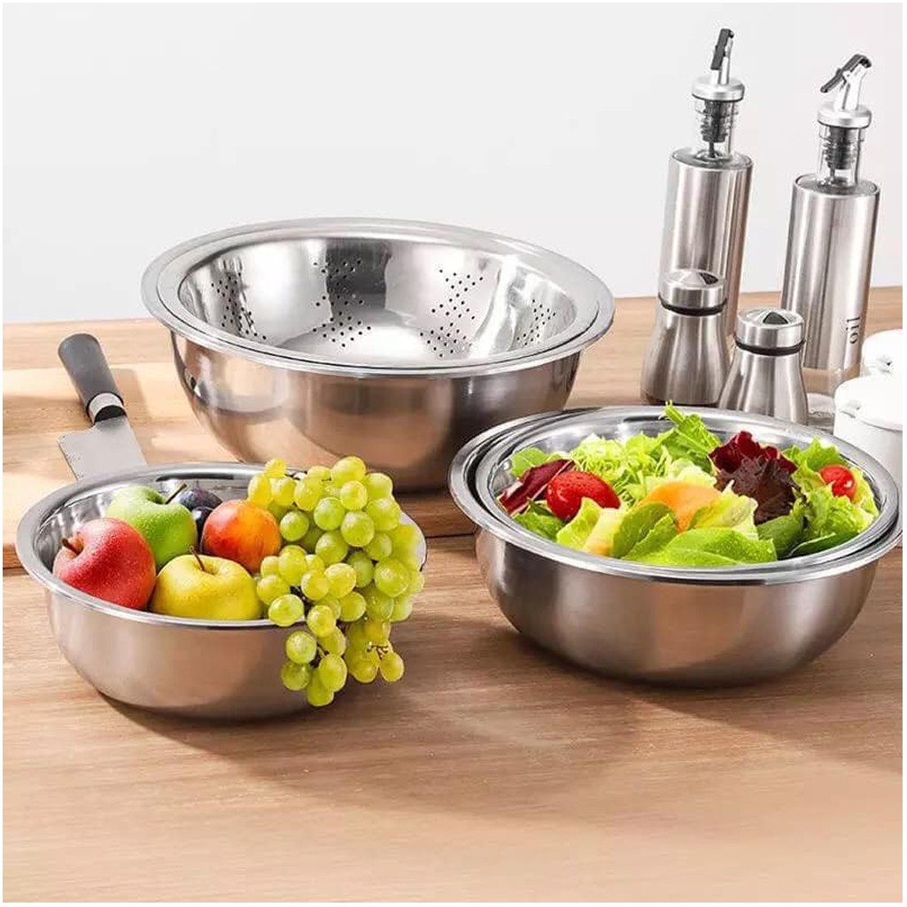 Set 5 Món Rổ Chậu Inox Cao Cấp, Sáng Bóng, Đáy Chậu Sâu - Thiết Kế Hình Tròn Với Vành Trên Chắc Chắn