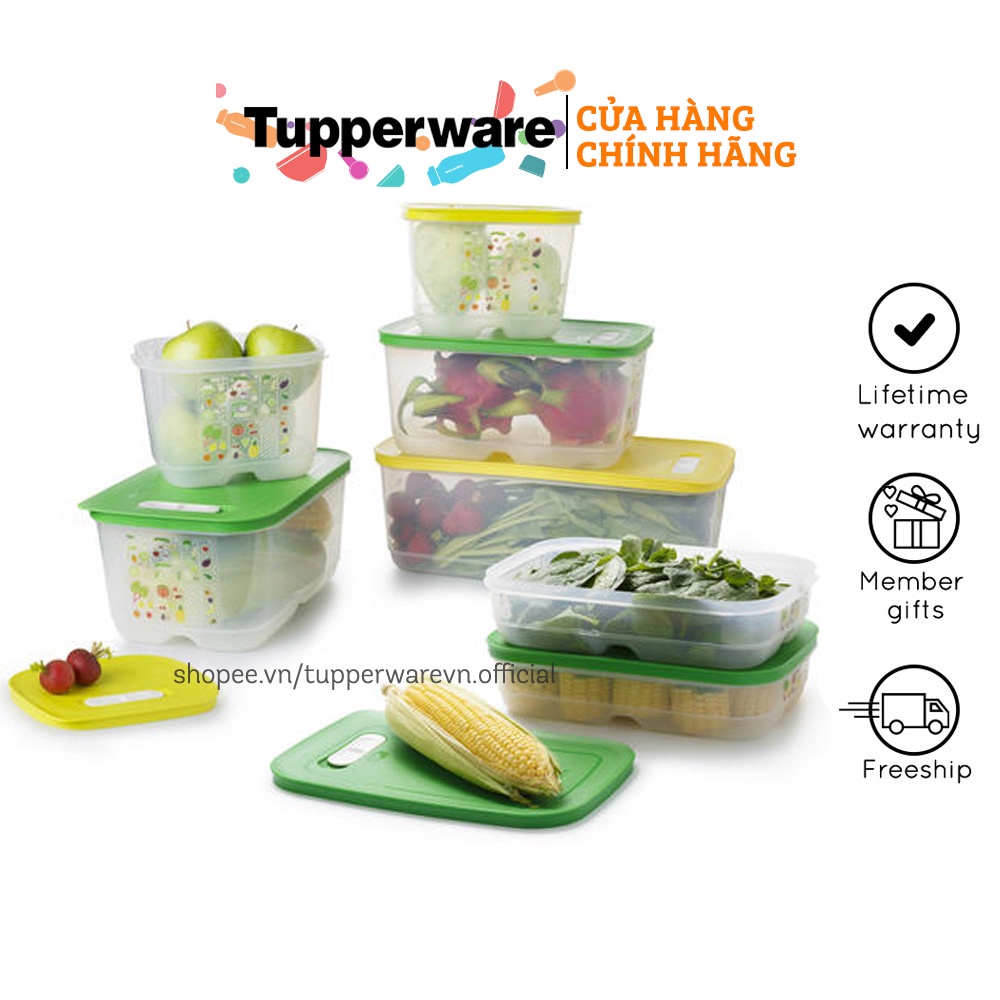 Bộ hộp trữ mát kín khí kín nước có nút hô hấp Tupperware Ventsmart 7, nhựa nguyên sinh bảo quản rau củ tươi lâu hơn