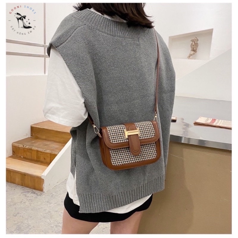Túi đeo chéo họa tiết houndstooth phong cách thời trang Hàn Quốc 2022 dành cho nữ