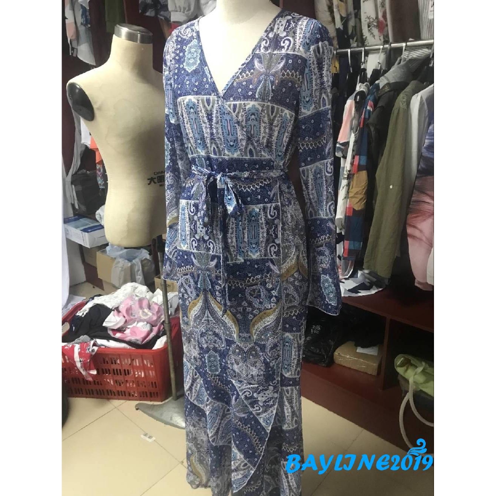 Đầm maxi chiffon tay dài xẻ tà trước phong cách Boho