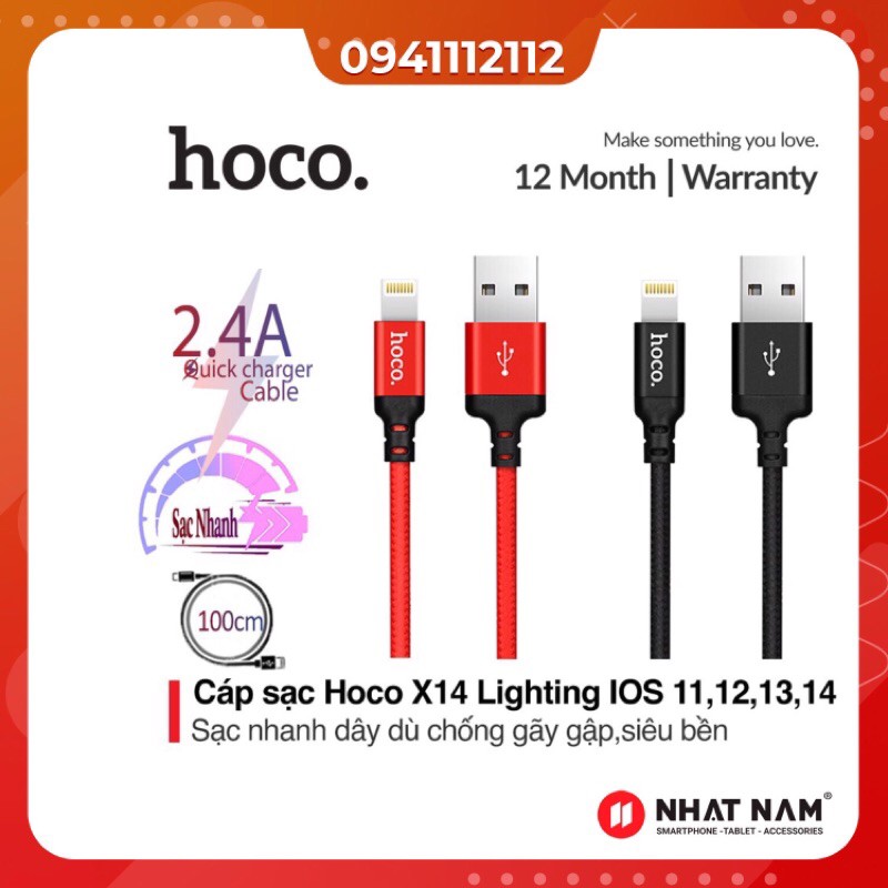 Cáp Hoco X14 Dài 1m ✓Sạc IPhone IPad Chính Hãng ✓Chất Lượng Cao ✓Bảo Hành 3 Tháng