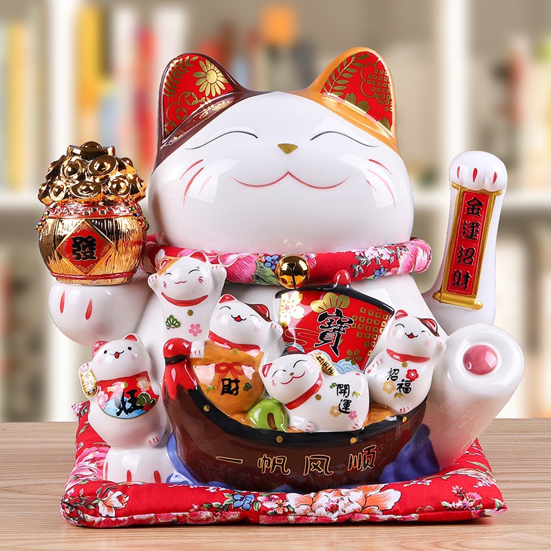 Mèo Thần Tài 27cm Màu Vàng Đỏ Mèo Tài Lộc May Mắn Vẫy Tay Nhật Bản Maneki Nekko Bằng Gốm Sứ