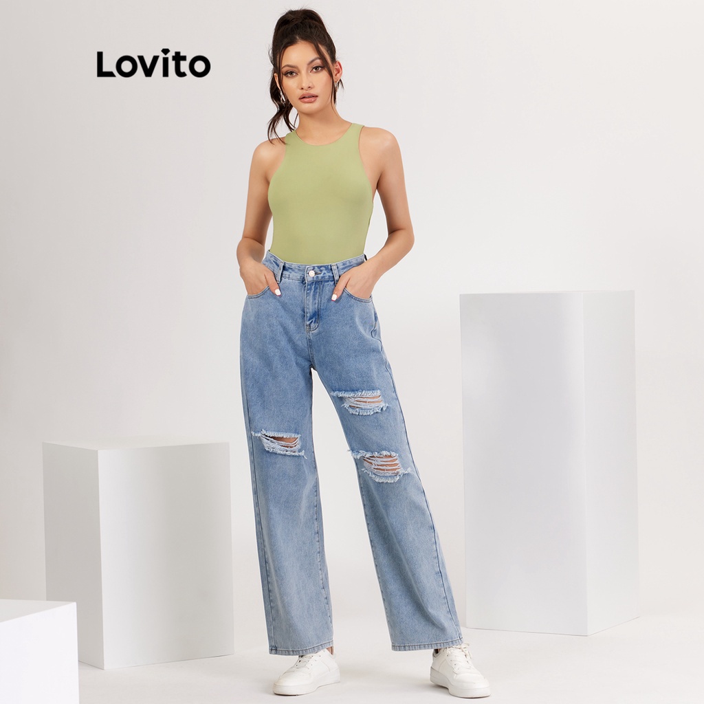 Áo liền quần Lovito màu trơn thiết kế hở vai đơn giản phong cách thường ngày L18X151 (Màu xanh lá nhạt/Màu đen) | BigBuy360 - bigbuy360.vn