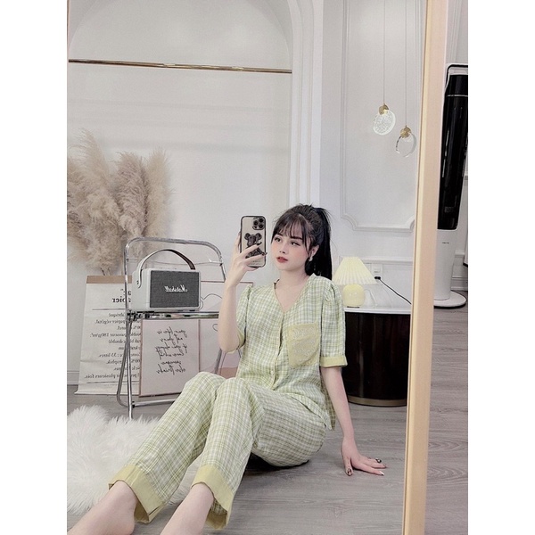 BỘ PIJAMAS HOẠ TIẾT KẺ SỌC HÀNG THIẾT KẾ CAO CẤP BỘ MẶC NHÀ NỮ CỔ V