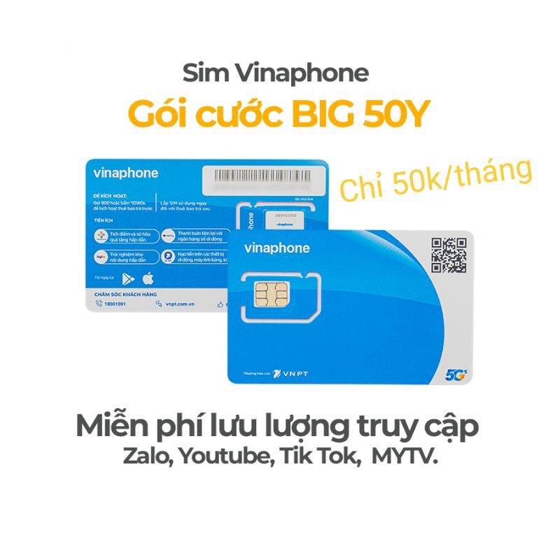 Sim 4G Vina Big50y miễn phí 1 tháng gia hạn chỉ 50k/tháng 5G/ngày