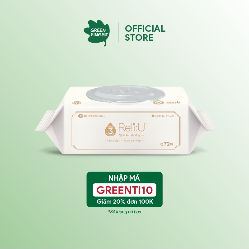 Khăn Giấy Ướt Cao Cấp Hàn Quốc Greenfinger Reli:U Pure Gold Wipes 72 tờ/ 1 Túi Màu Vàng
