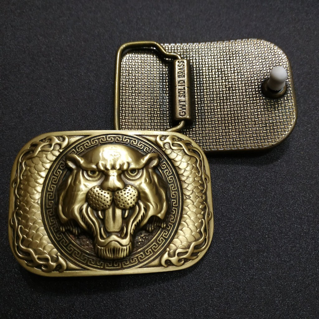 Mặt khóa thắt lưng đồng đúc 5x7cm hình rồng phượng hổ kim tiền