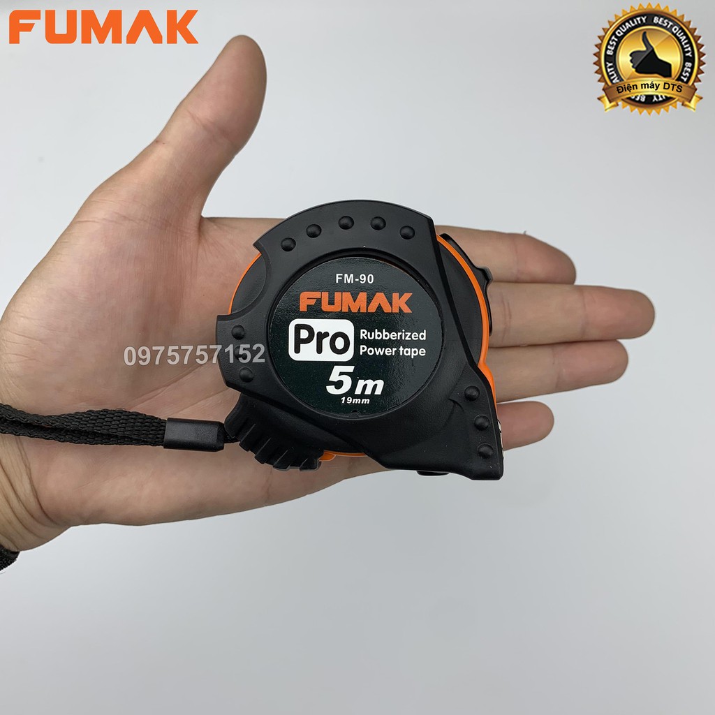 Thước rút cuộn đa năng 5m FUMAK Pro chống va đập bọc nhựa cao cấp, 2 chế độ dừng, thước cuộn nền vàng hệ mét số sắc nét