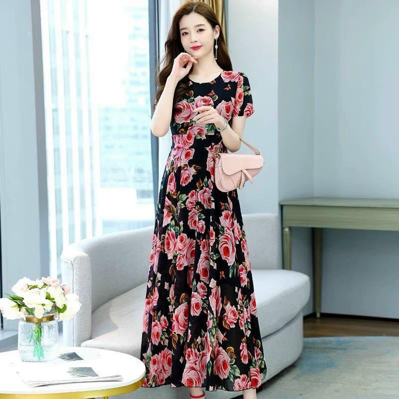 [HCM] Đầm Maxi Voan Chingfon 2 Lớp Họa Tiết Hoa Hồng Thời Trang Nữ Sam Closet Free Size 40-55kg