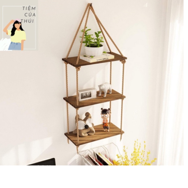 Kệ gỗ treo tường kèm dây thừng
