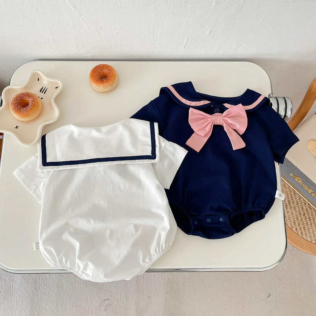Bộ Áo Liền Quần Tay Ngắn Đính Nơ Xinh Xắn Cho Bé Gái Từ 0-2 Tuổi