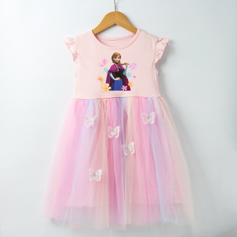 Váy Tutu Lưới Tutu Công Chúa Elsa Và Anna Cầu Vồng Thêu Hình Bướm 3D Chất Lượng Cao Cho Bé Gái