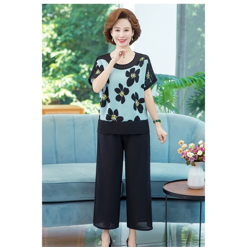 Đồ bộ trung niên nữ cho mẹ mặc nhà, Hàng Quảng Châu cao cấp, Bộ thun voan tay cánh dơi 2 màu V'vie Ladies #B20