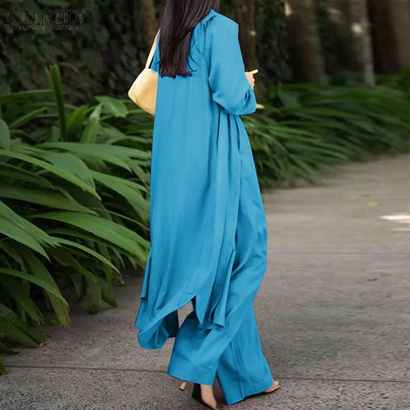 Bộ trang phục Zanzea gồm áo kiểu tay dài màu trơn + quần dài ống rộng lưng cao thời trang cho nữ